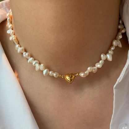 Boujee Pearl Necklace – Heart Charm (Gold & Silver) + Free Pearl Ring 🎁