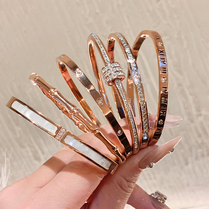 Rose Gold Titanium Steel Bracelet with Zircon Stones
